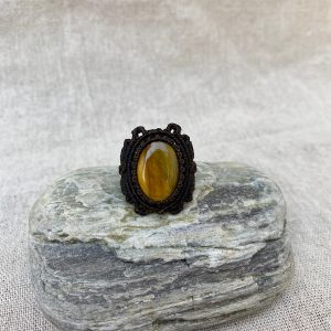 Brown macrame ring with Larimar stone – www.